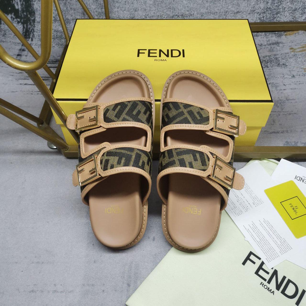 Fendi Feel Brown FF Fabric Slides - DopestKickz
