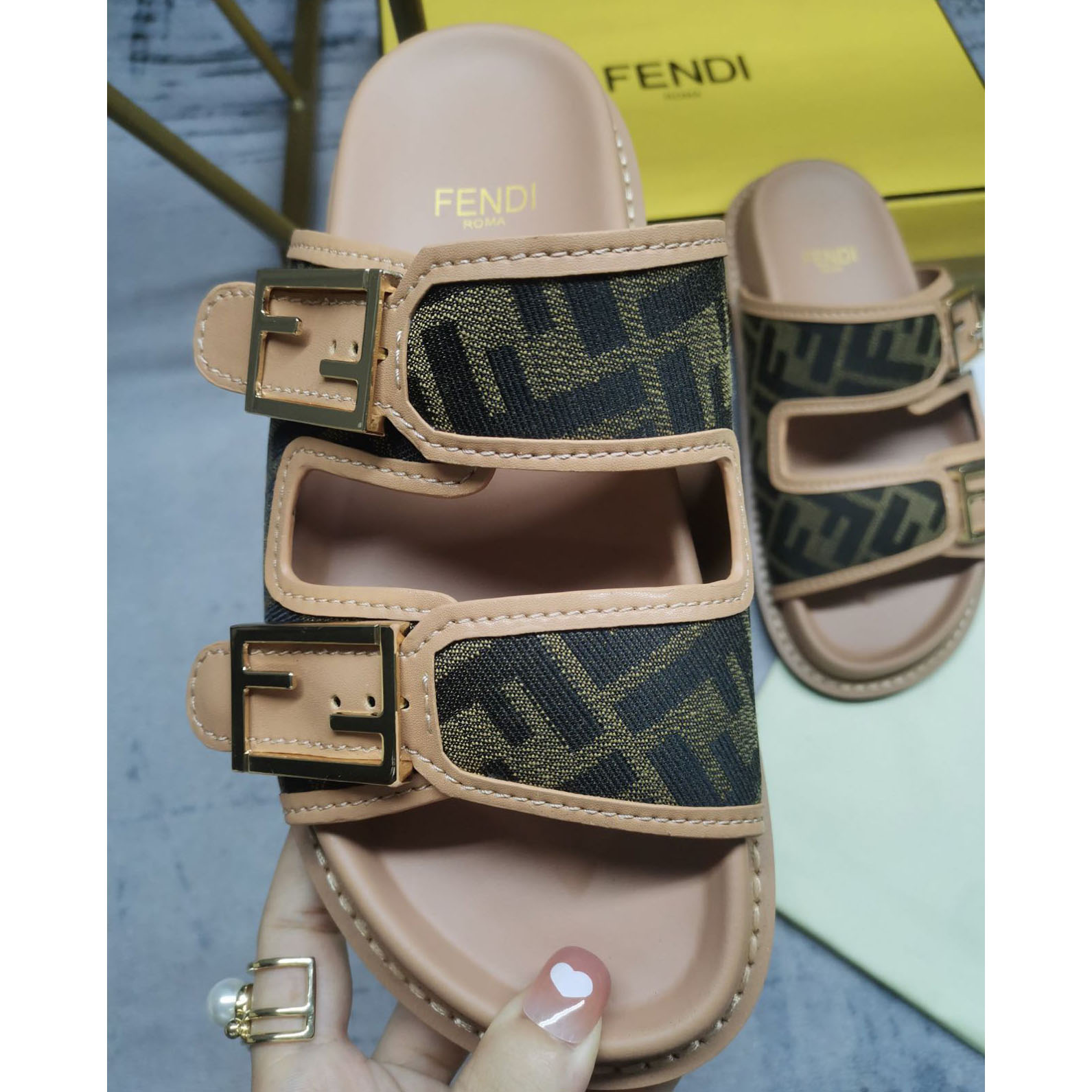 Fendi Feel Brown FF Fabric Slides - DopestKickz