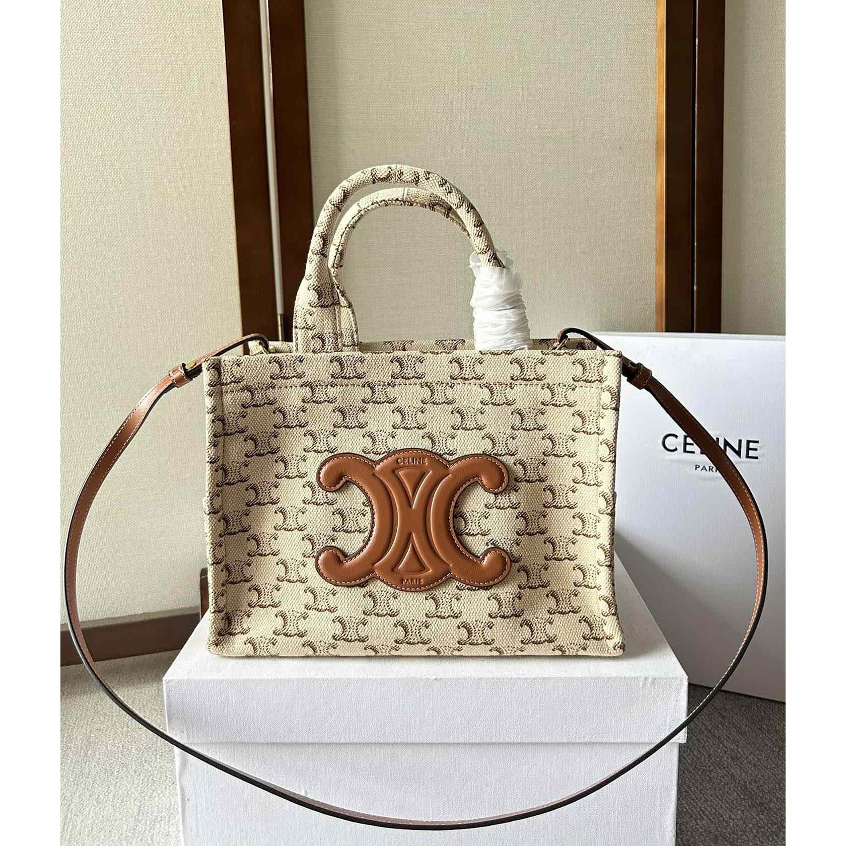 Celine Small Cabas Thais  In Textile With Triomphe Canvas Print And Calfskin White - DopestKickz