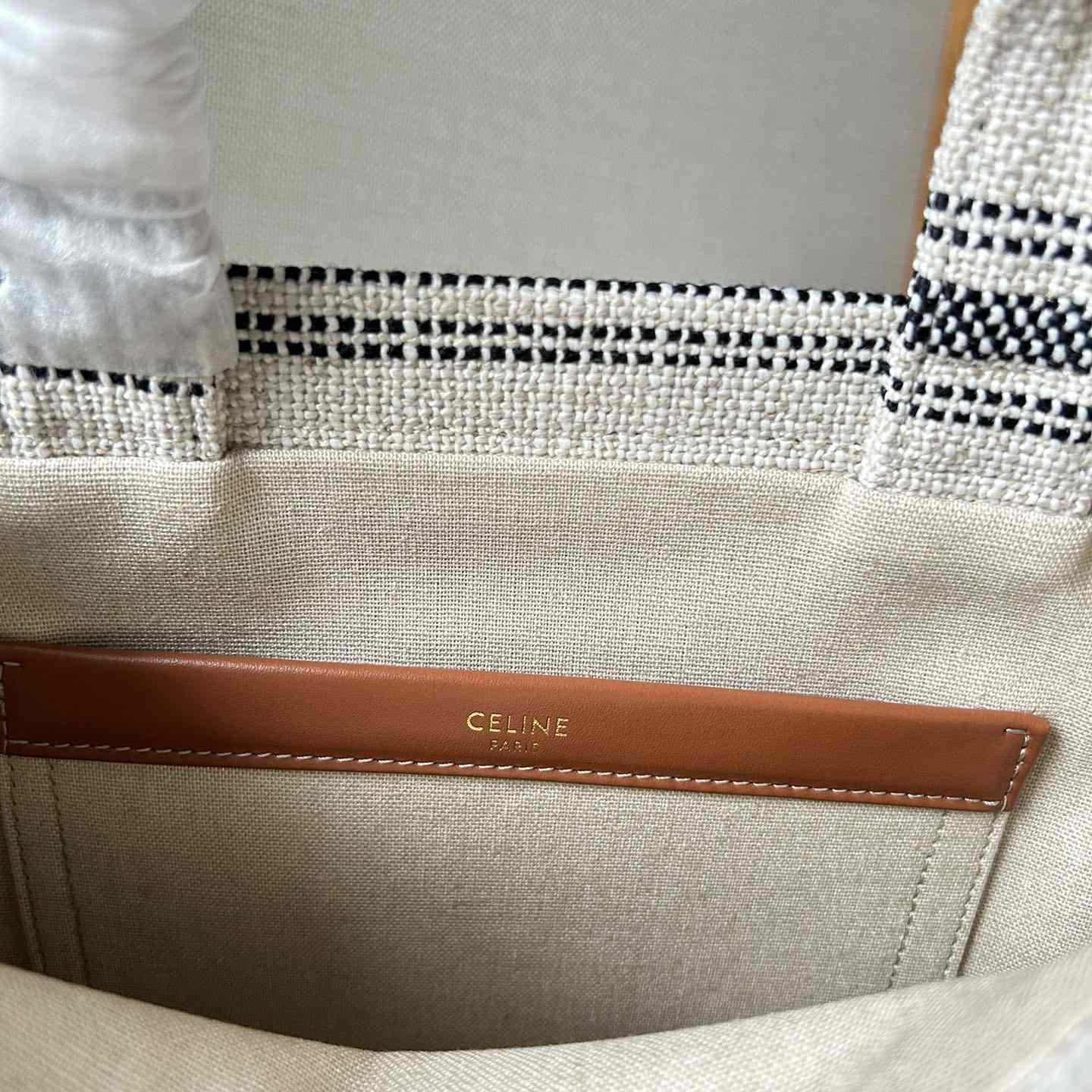 Celine Small Cabas Thais In Striped Textile With Celine jacquard White / Black  - DopestKickz
