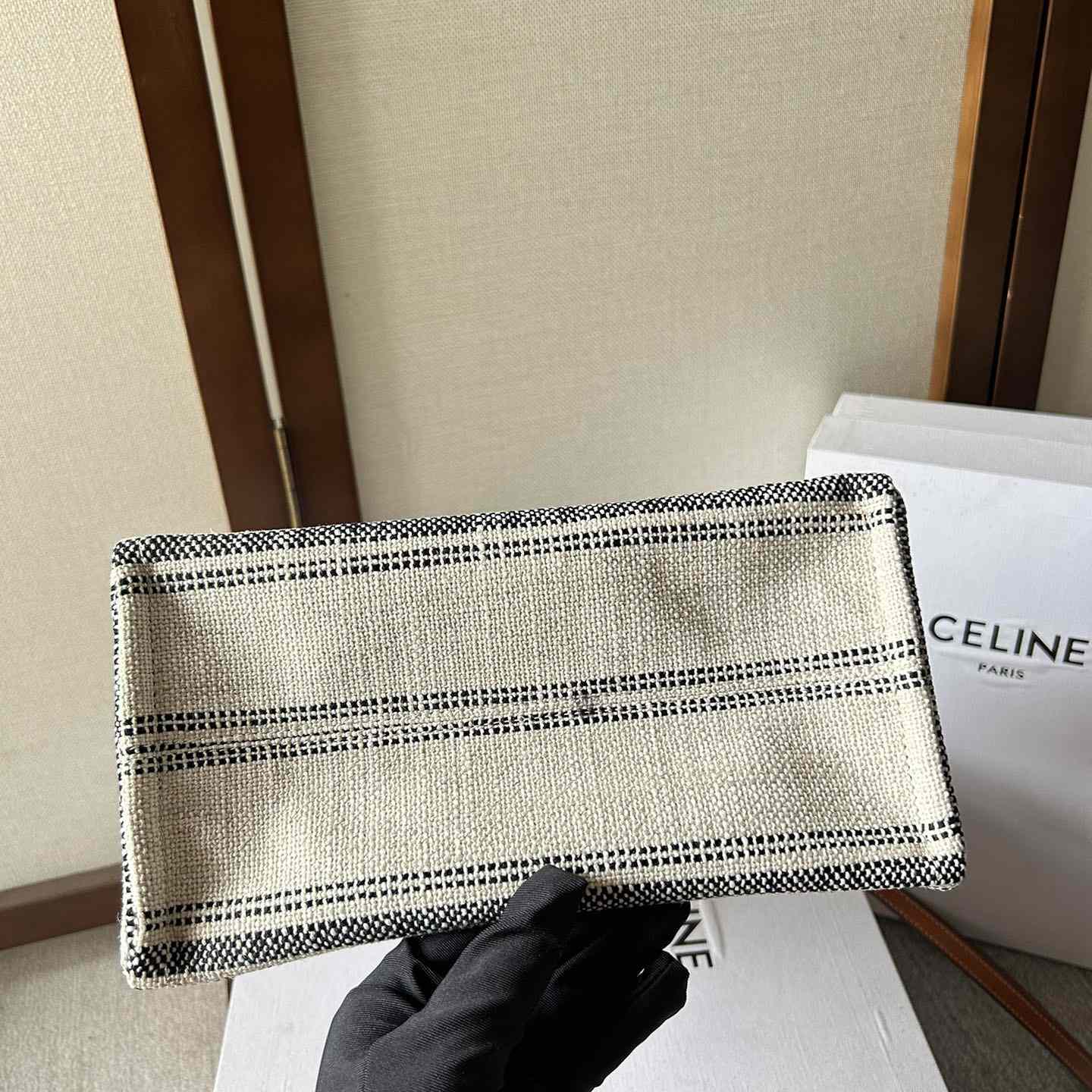 Celine Small Cabas Thais In Striped Textile With Celine jacquard White / Black  - DopestKickz