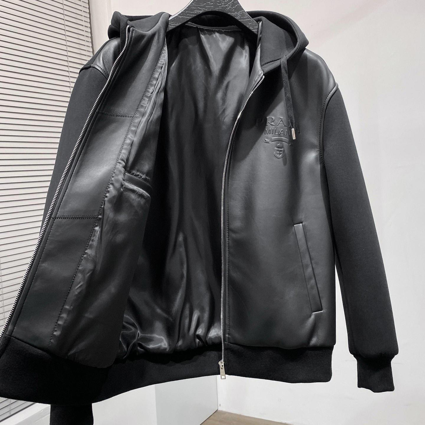 Prada Technical Fleece And Leather Hoodie Jacket - DopestKickz