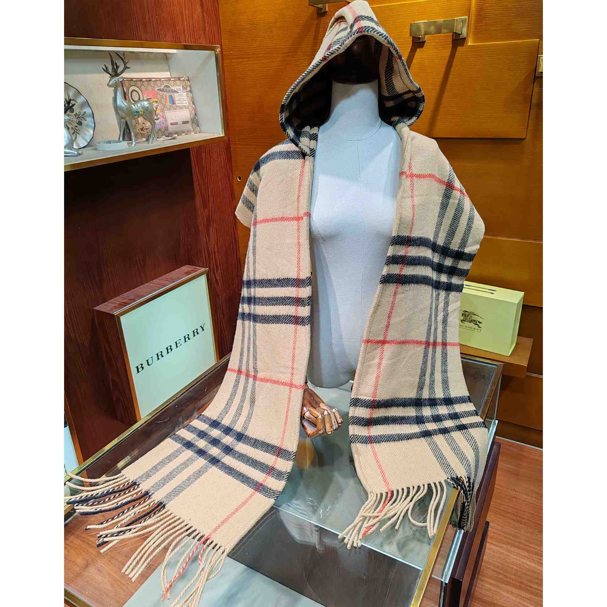 Burberry Check Wool Cashmere Hooded Scarf - DopestKickz
