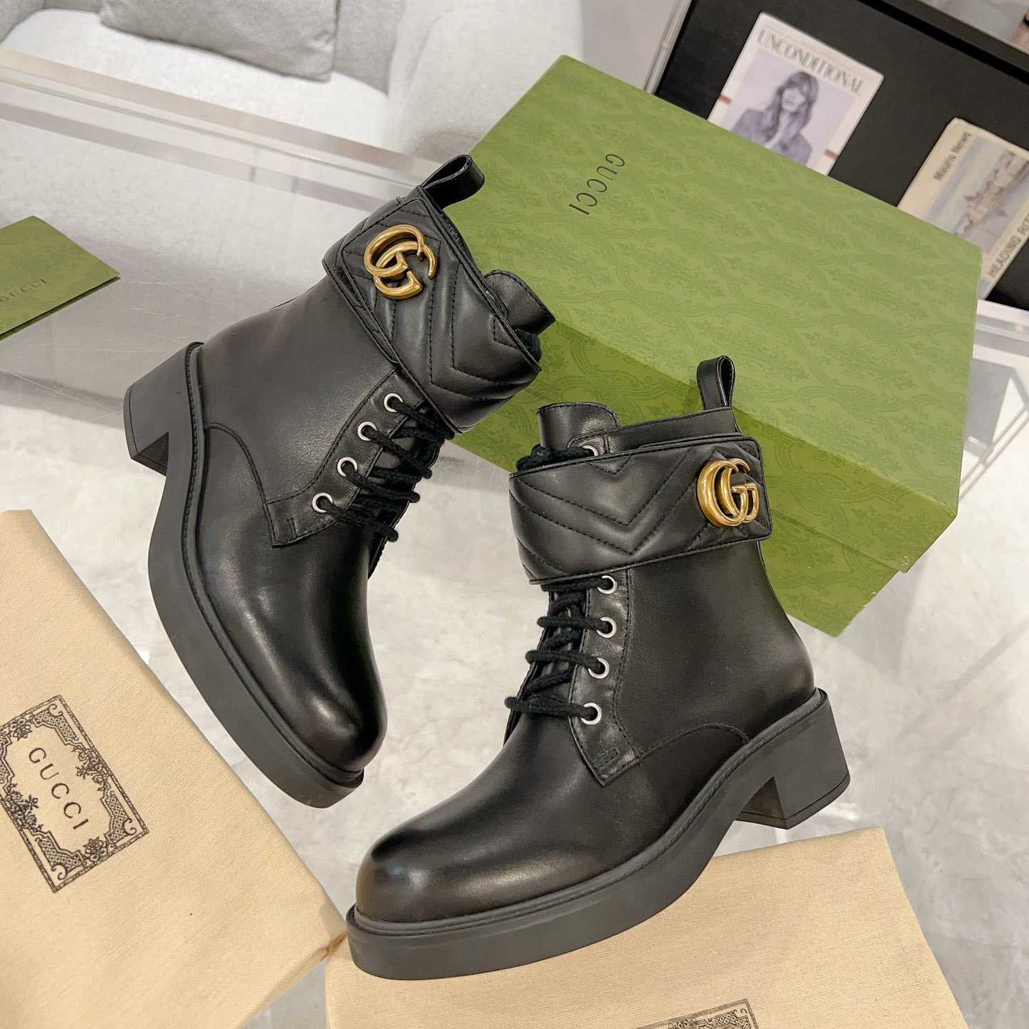 Gucci Marmont Logo-embellished Leather Ankle Boots  - DopestKickz