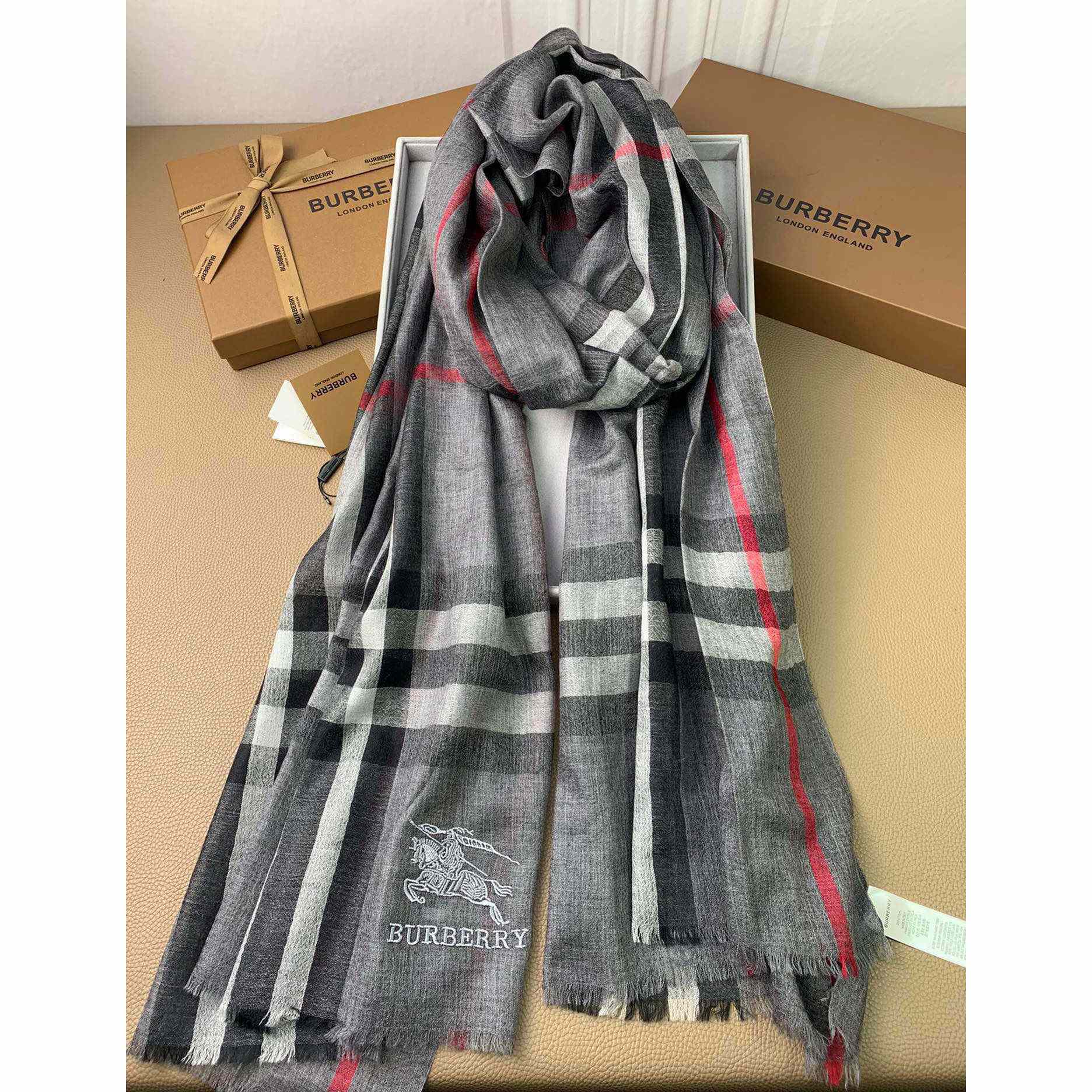 Burberry Lightweight Check Wool Silk Scarf - DopestKickz