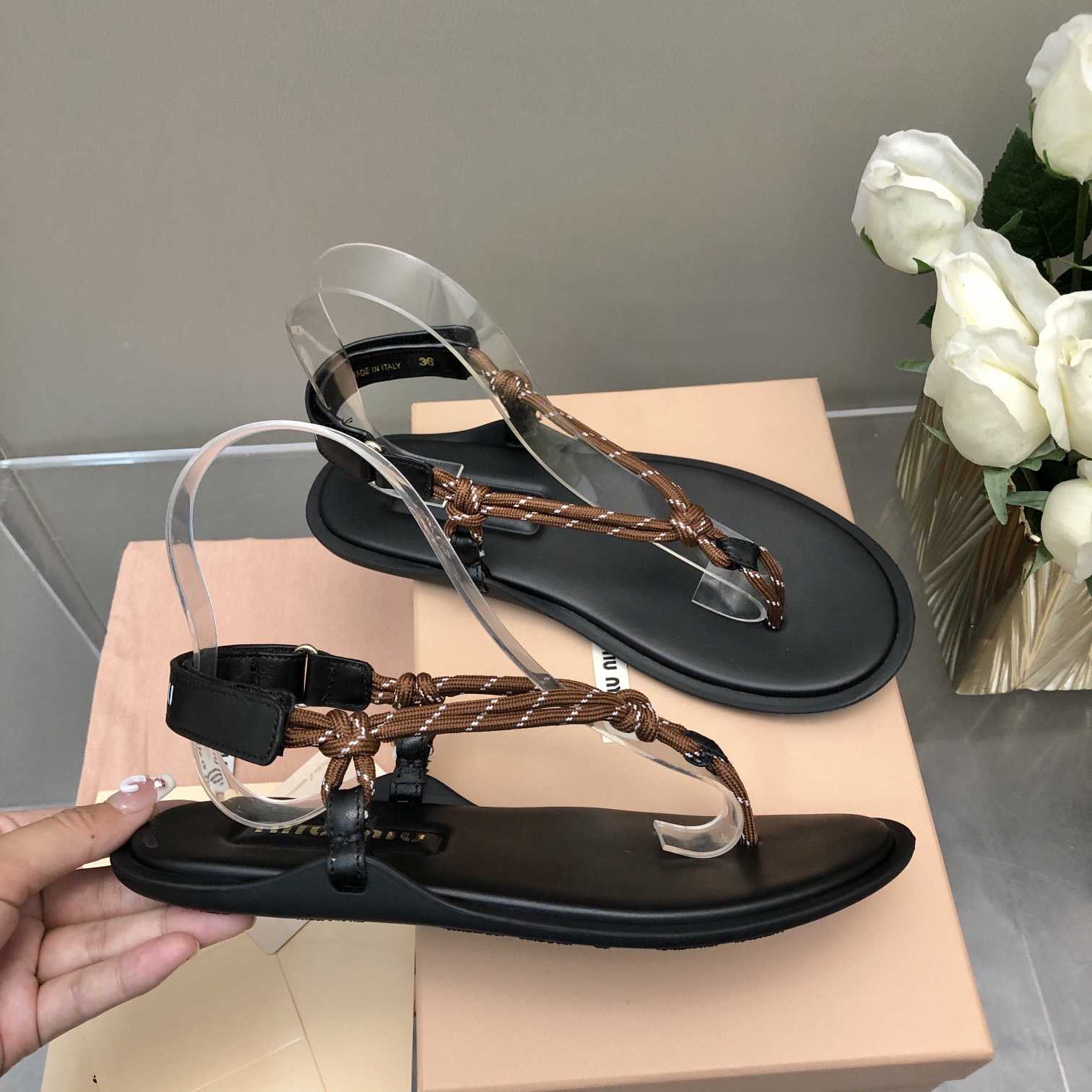 Miu Miu Riviere Cord And Leather Sandals - DopestKickz