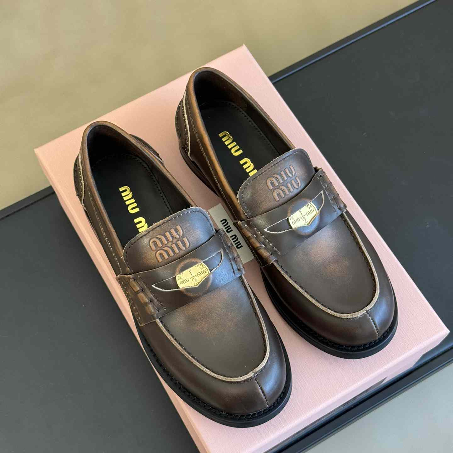 Miu Miu Vintage-effect Leather Penny Loafers - DopestKickz