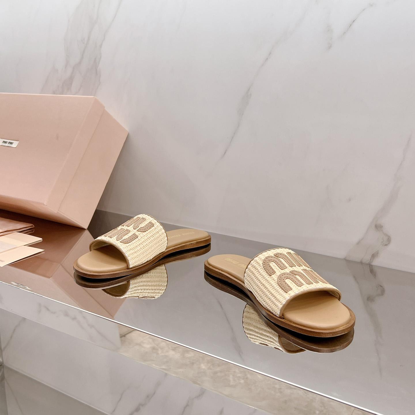 Miu Miu Raffia-effect Woven Fabric Slides - DopestKickz