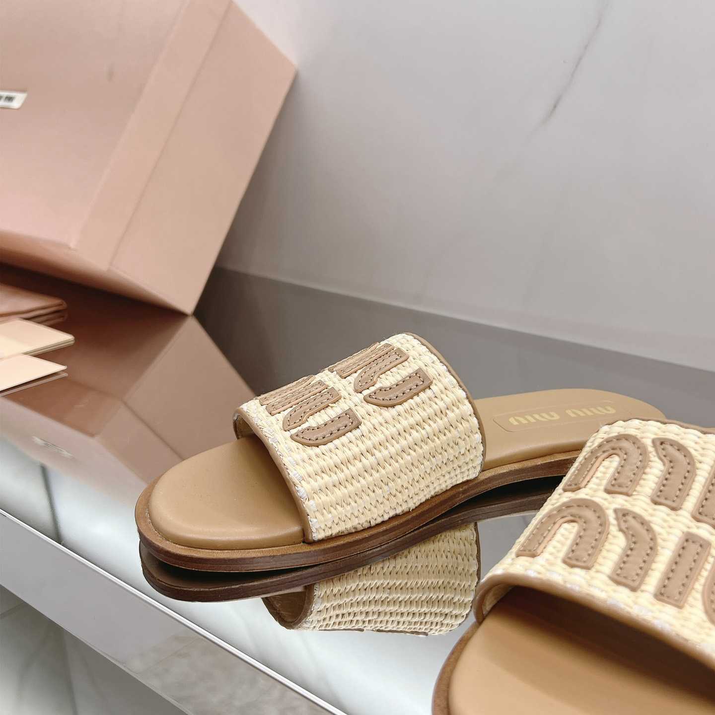 Miu Miu Raffia-effect Woven Fabric Slides - DopestKickz