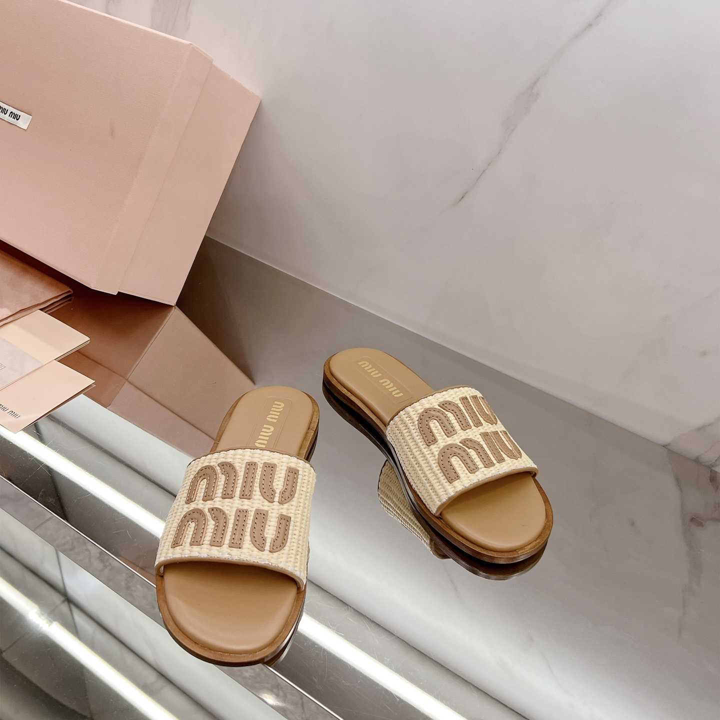 Miu Miu Raffia-effect Woven Fabric Slides - DopestKickz