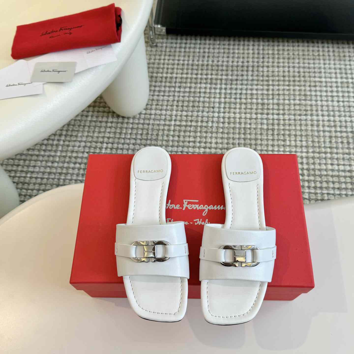 Ferragamo Women's White Flat Slide With Gancini Ornament - DopestKickz