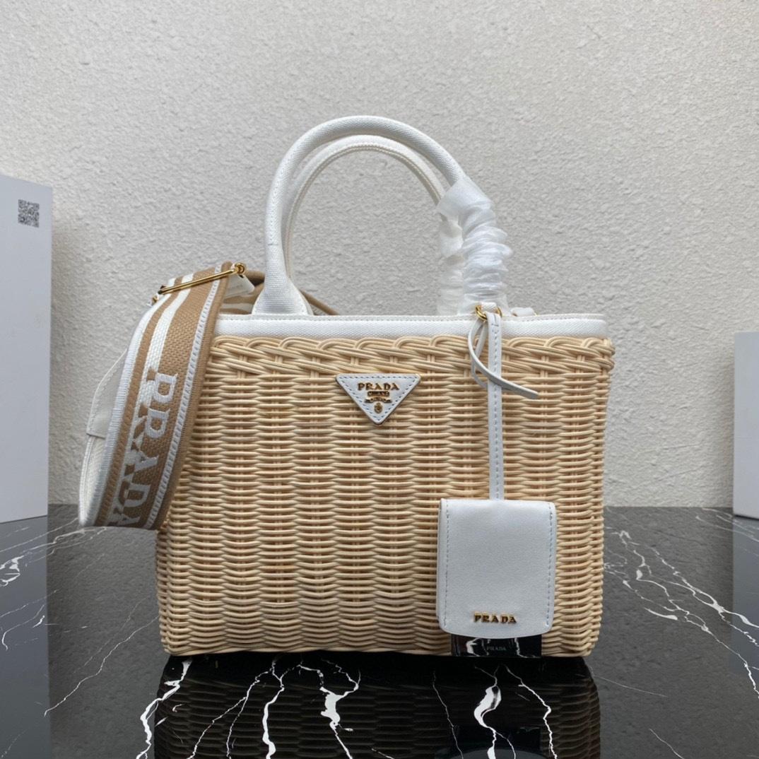 Prada Medium Wicker And Linen Blend Tote Bag (26-18-11.5cm) - DopestKickz