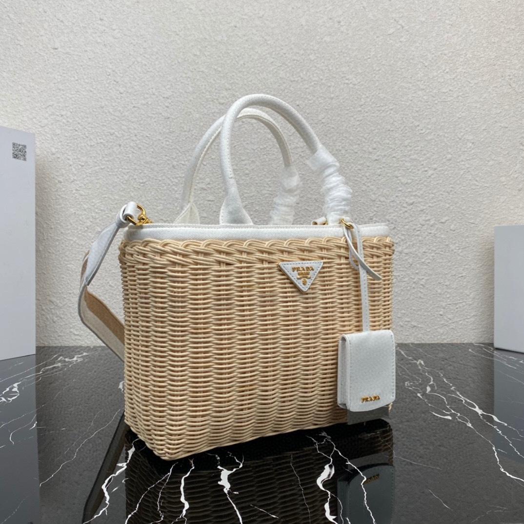 Prada Medium Wicker And Linen Blend Tote Bag (26-18-11.5cm) - DopestKickz