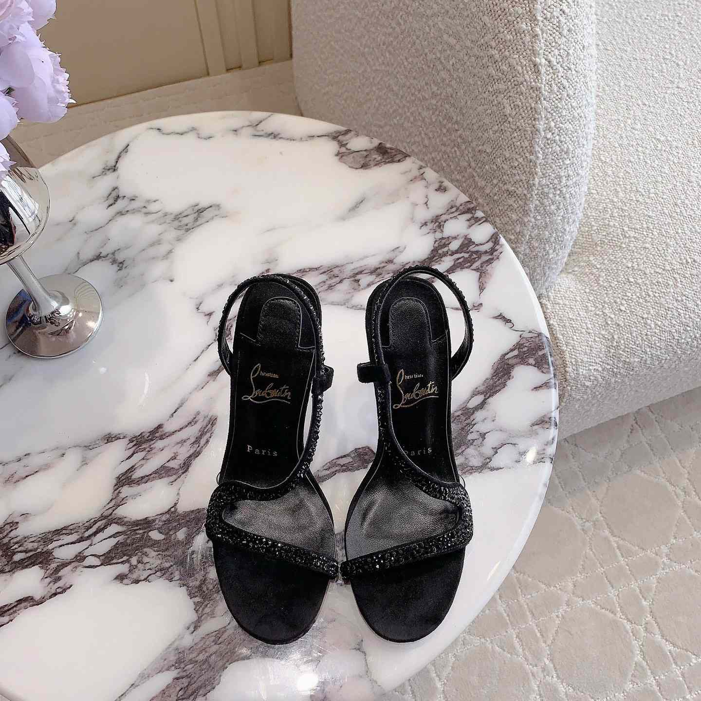 Christian Louboutin Black Suede Crystal Embellished Rosalie Sandals - DopestKickz