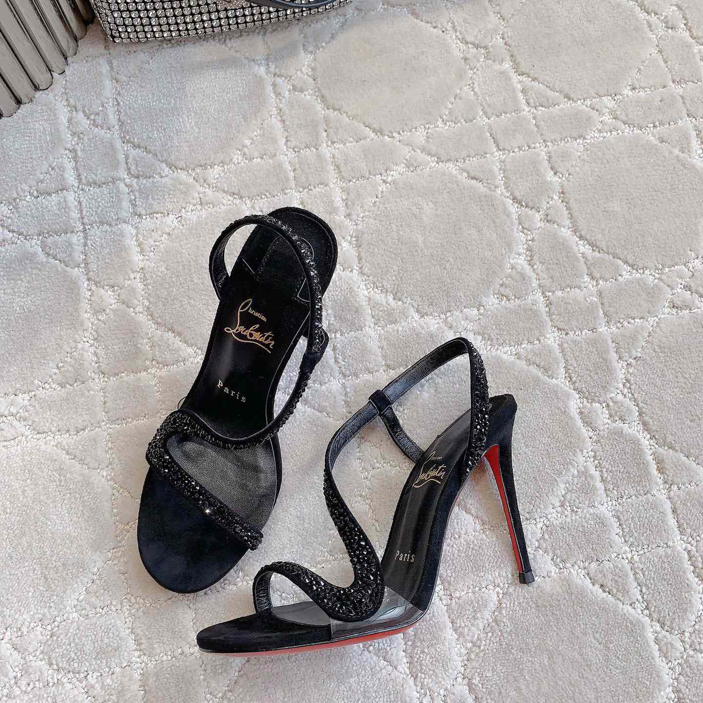 Christian Louboutin Black Suede Crystal Embellished Rosalie Sandals - DopestKickz