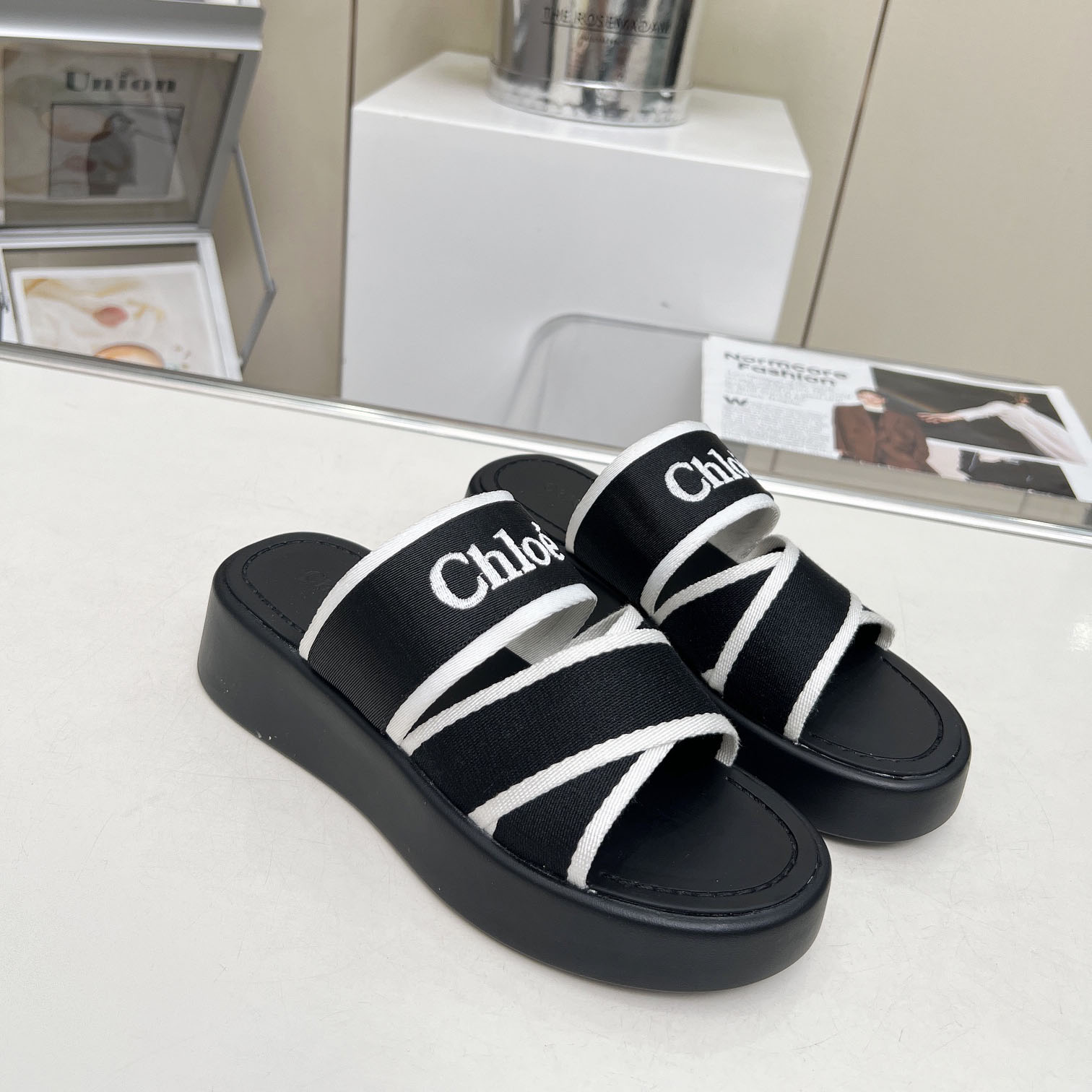 Chloe Women's Black Mila Logo Flatform Slides - DopestKickz