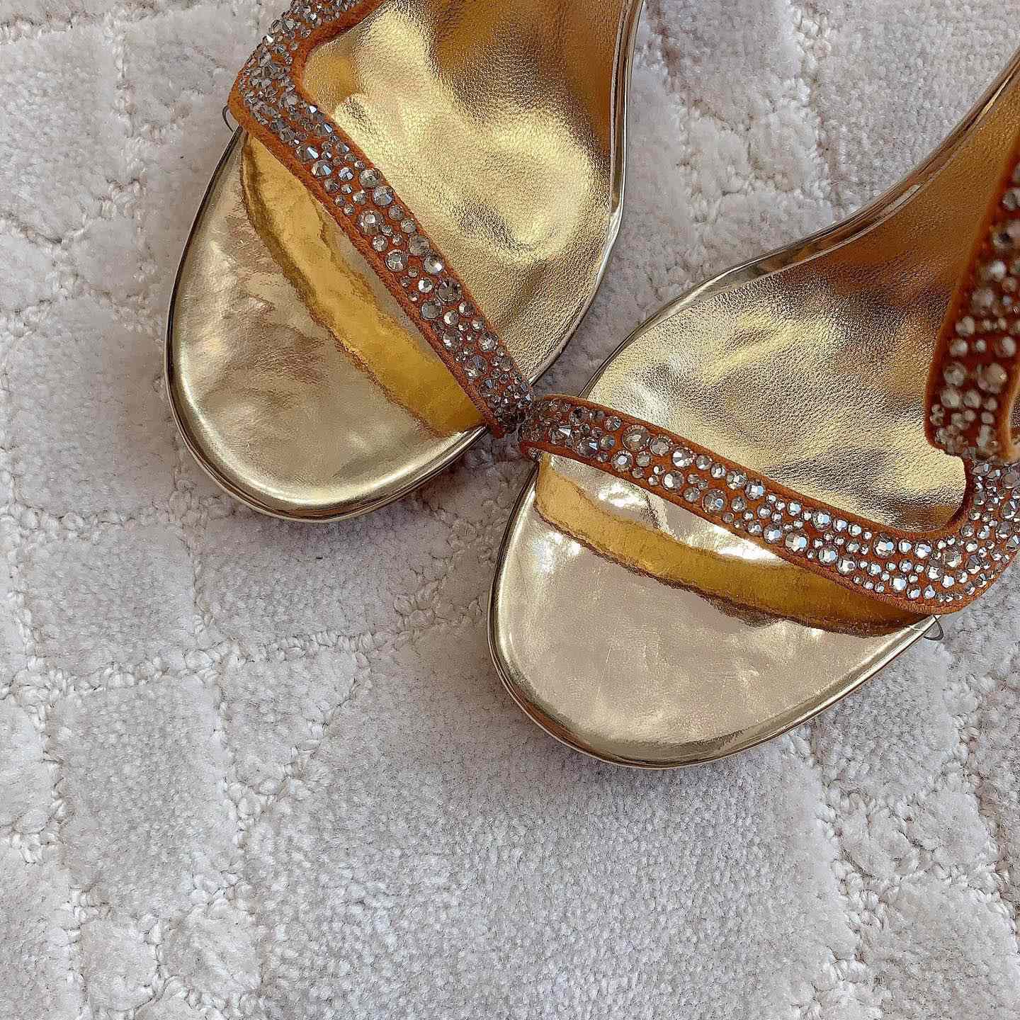 Christian Louboutin Gold Suede Crystal Embellished Rosalie Sandals - DopestKickz