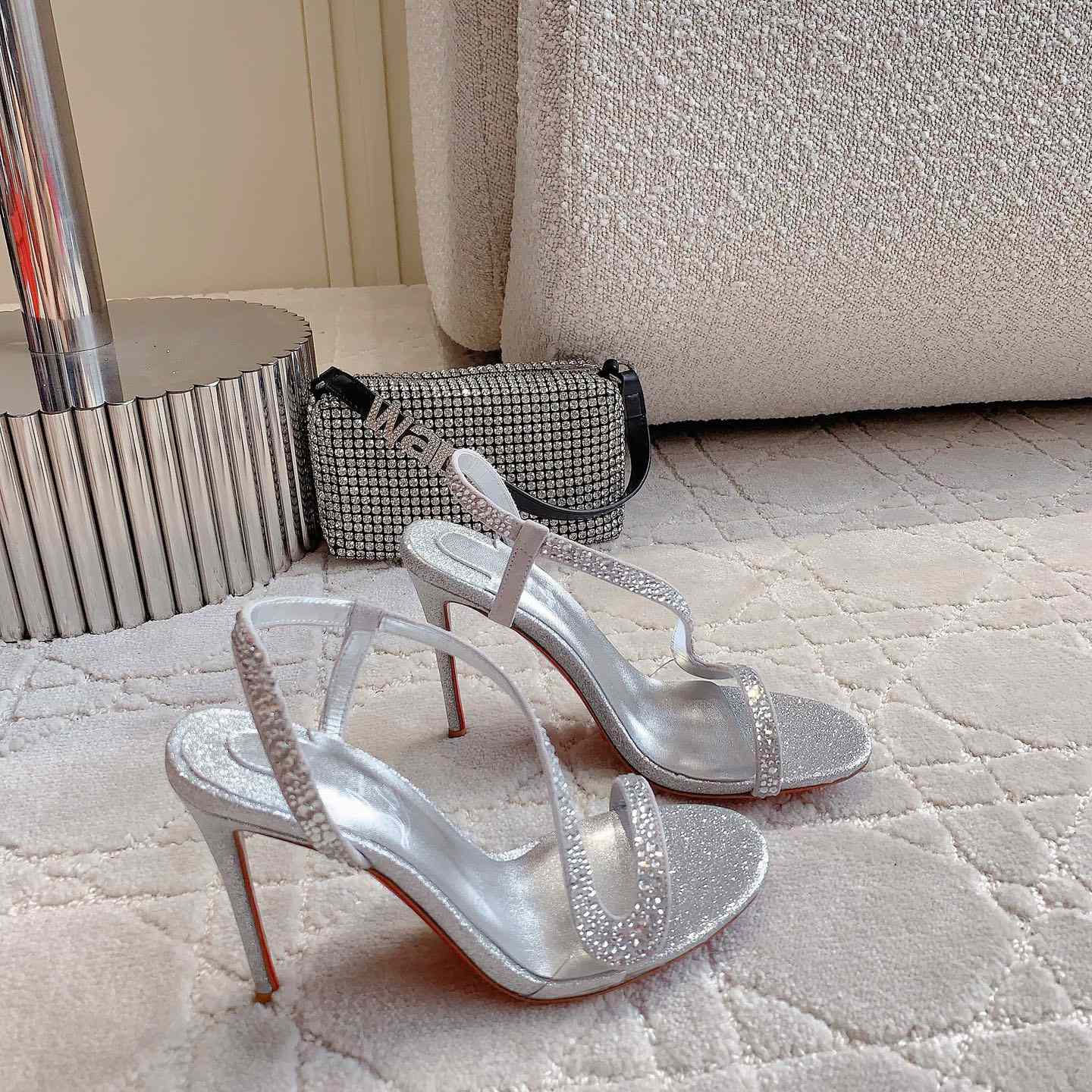 Christian Louboutin Silvery Suede Crystal Embellished Rosalie Sandals - DopestKickz