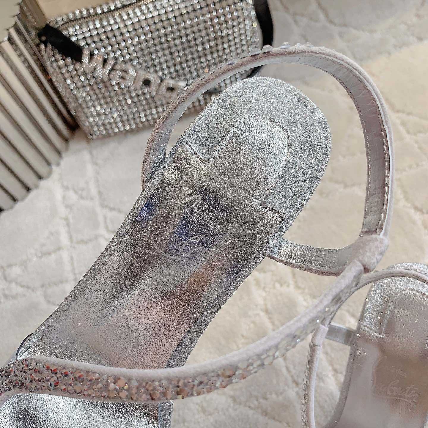 Christian Louboutin Silvery Suede Crystal Embellished Rosalie Sandals - DopestKickz
