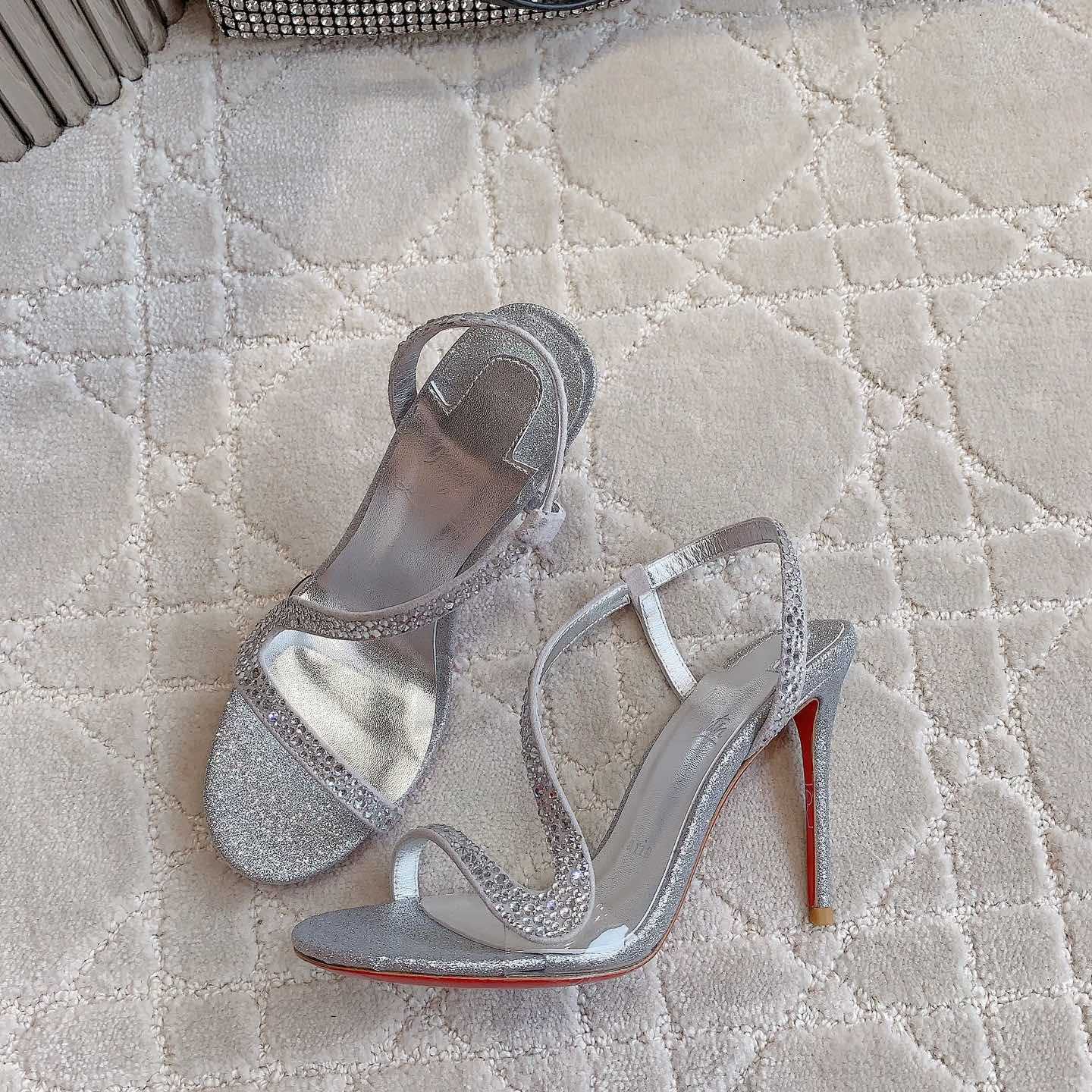 Christian Louboutin Silvery Suede Crystal Embellished Rosalie Sandals - DopestKickz