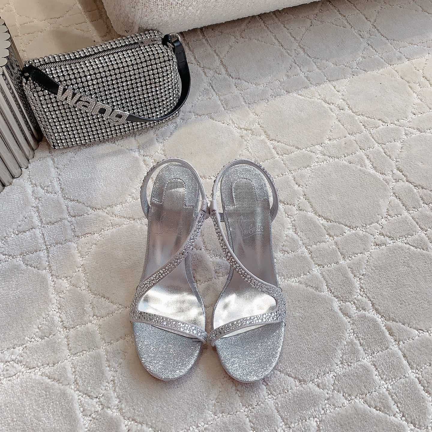 Christian Louboutin Silvery Suede Crystal Embellished Rosalie Sandals - DopestKickz