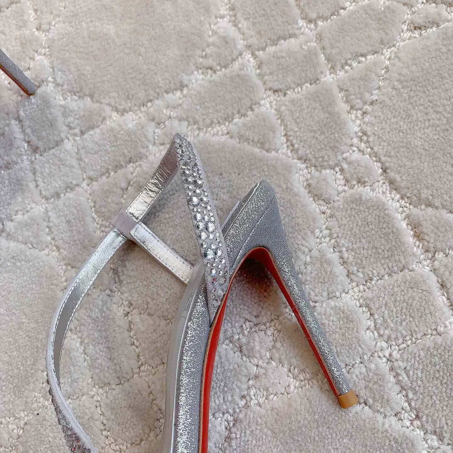 Christian Louboutin Silvery Suede Crystal Embellished Rosalie Sandals - DopestKickz