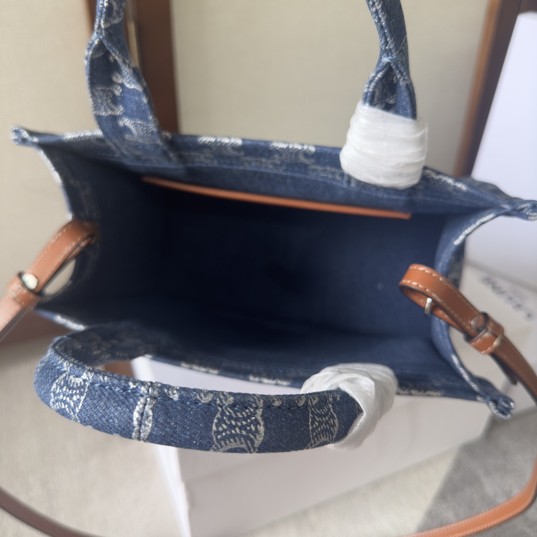 Celine Small Cabas Thais In Denim With Triomphe All-over And Calfskin Denim / Silver - DopestKickz