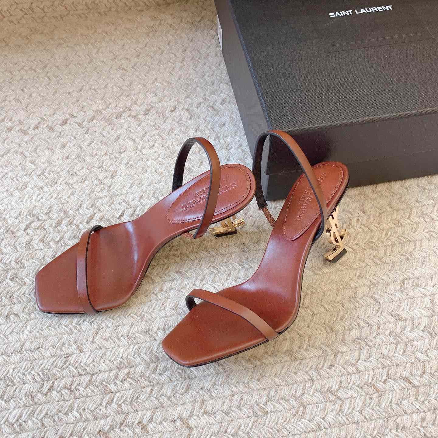Saint Laurent Women's Brown Opyum 85 Leather Slingback Sandals - DopestKickz