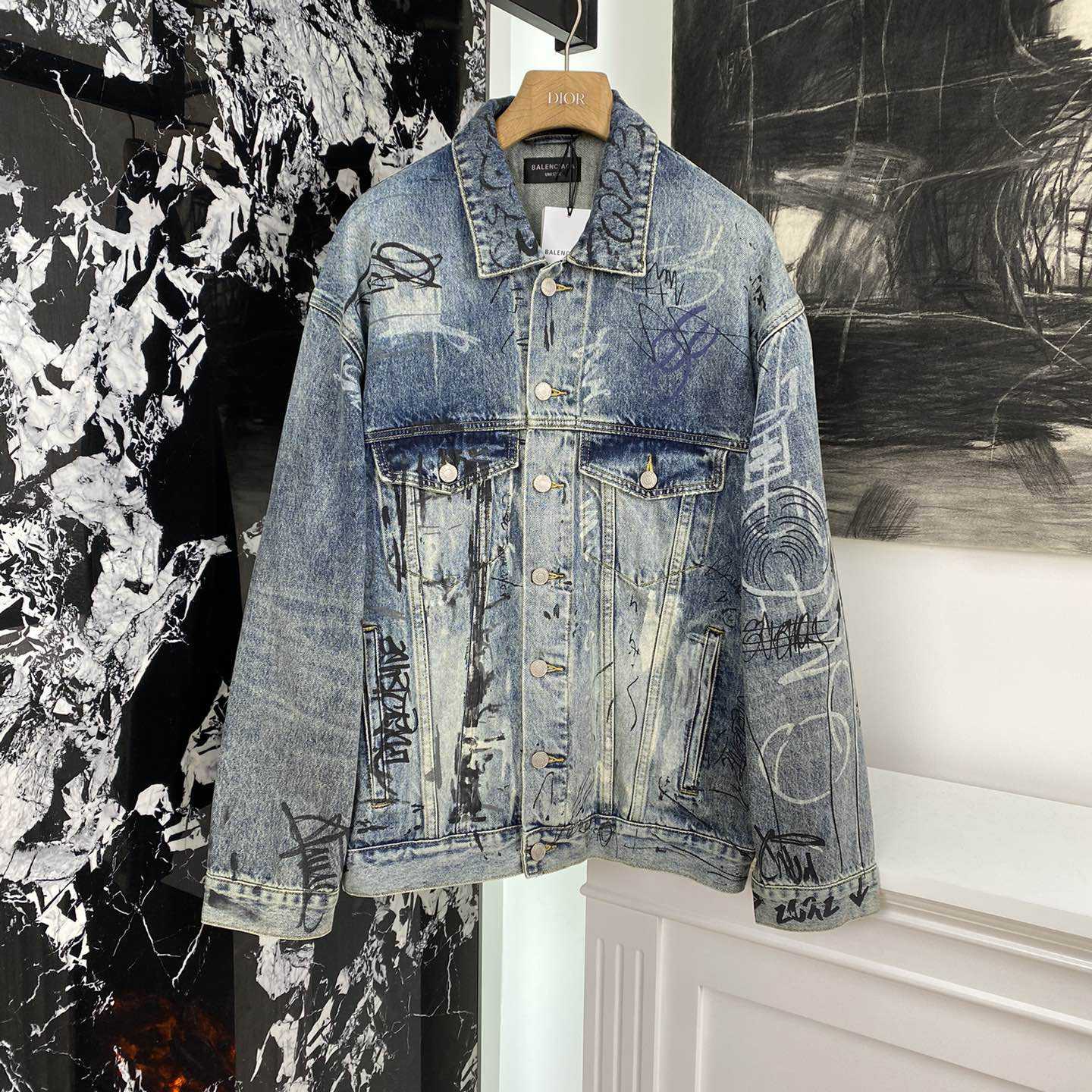 Balenciaga Blue Graffiti Denim Jacket Coat - DopestKickz