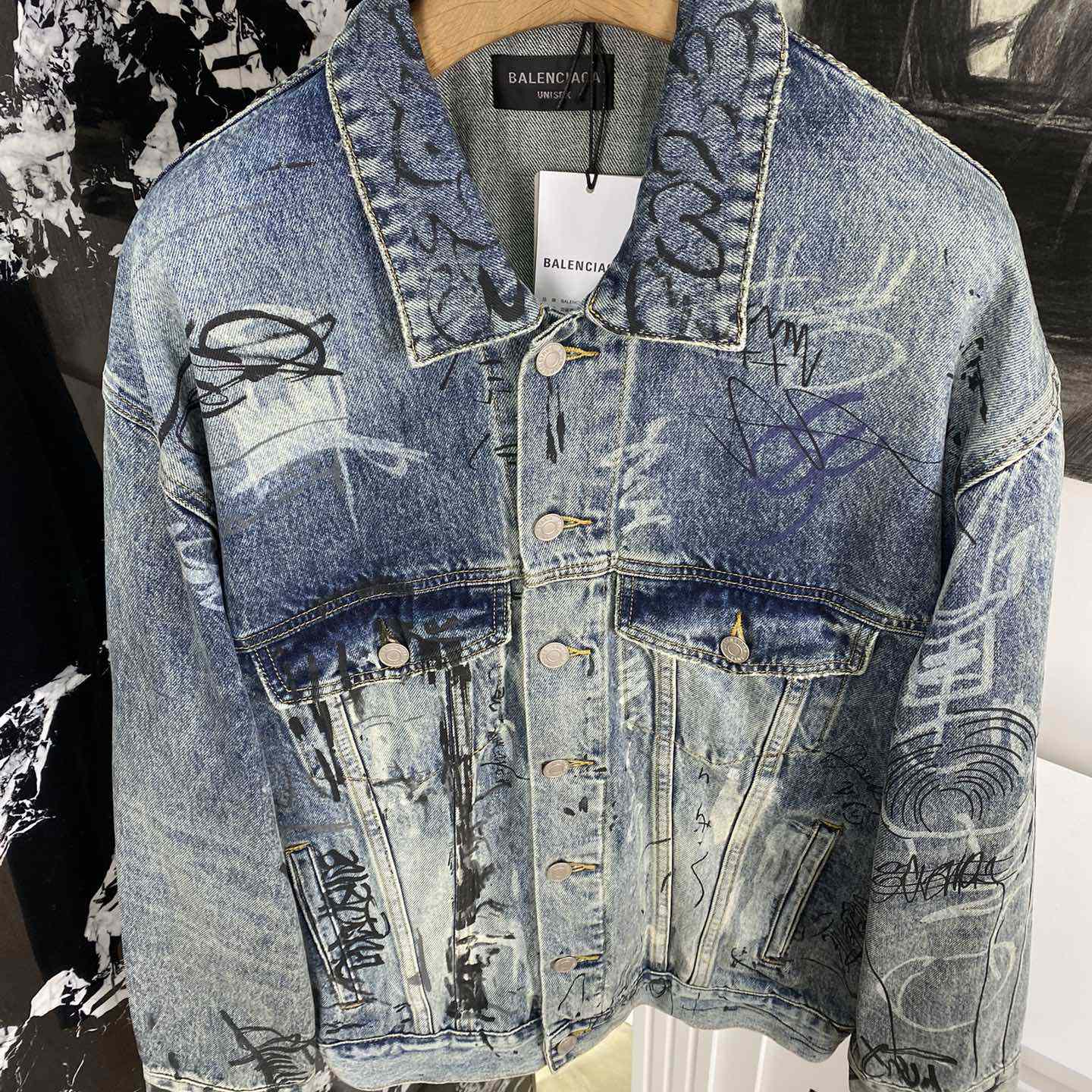 Balenciaga Blue Graffiti Denim Jacket Coat - DopestKickz