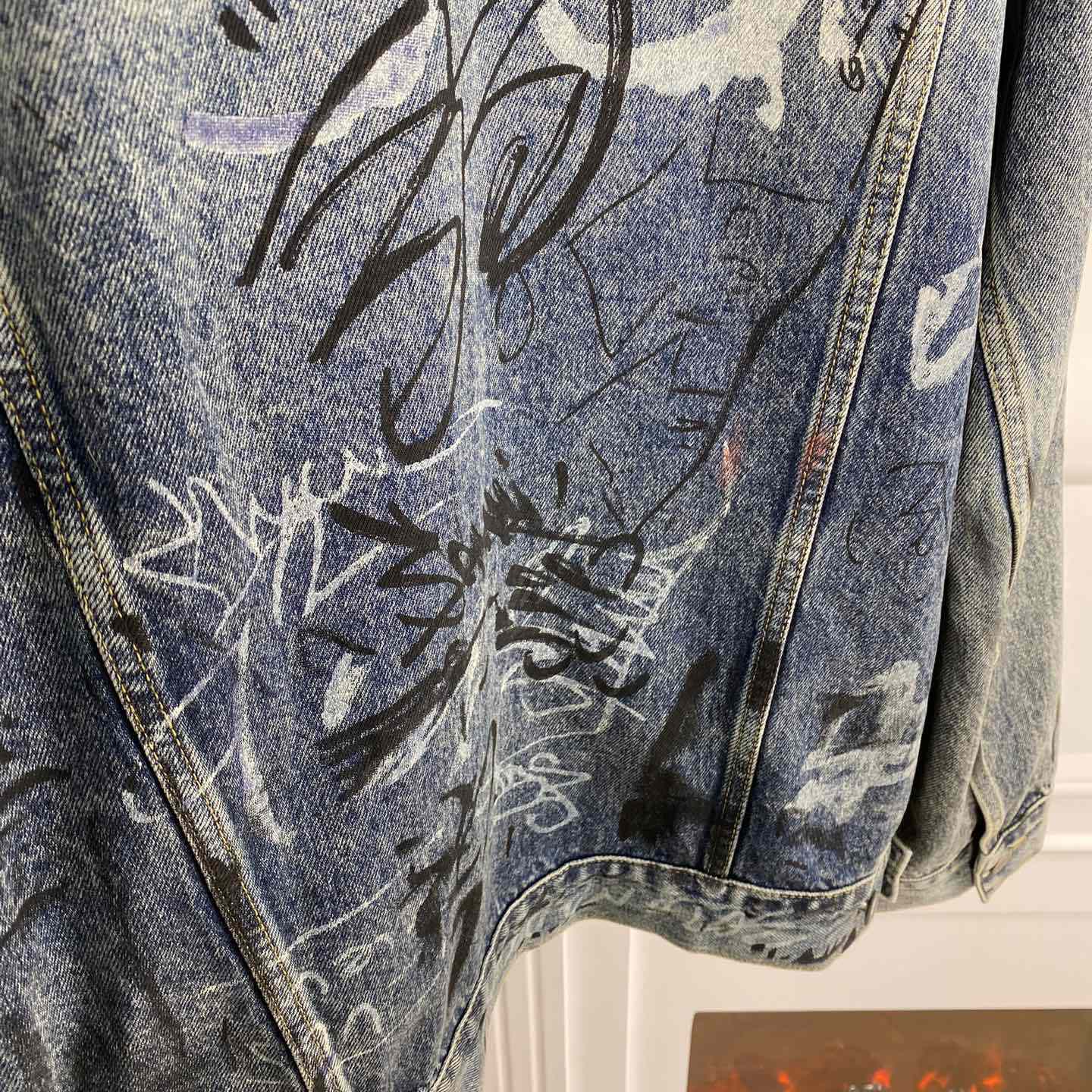 Balenciaga Blue Graffiti Denim Jacket Coat - DopestKickz