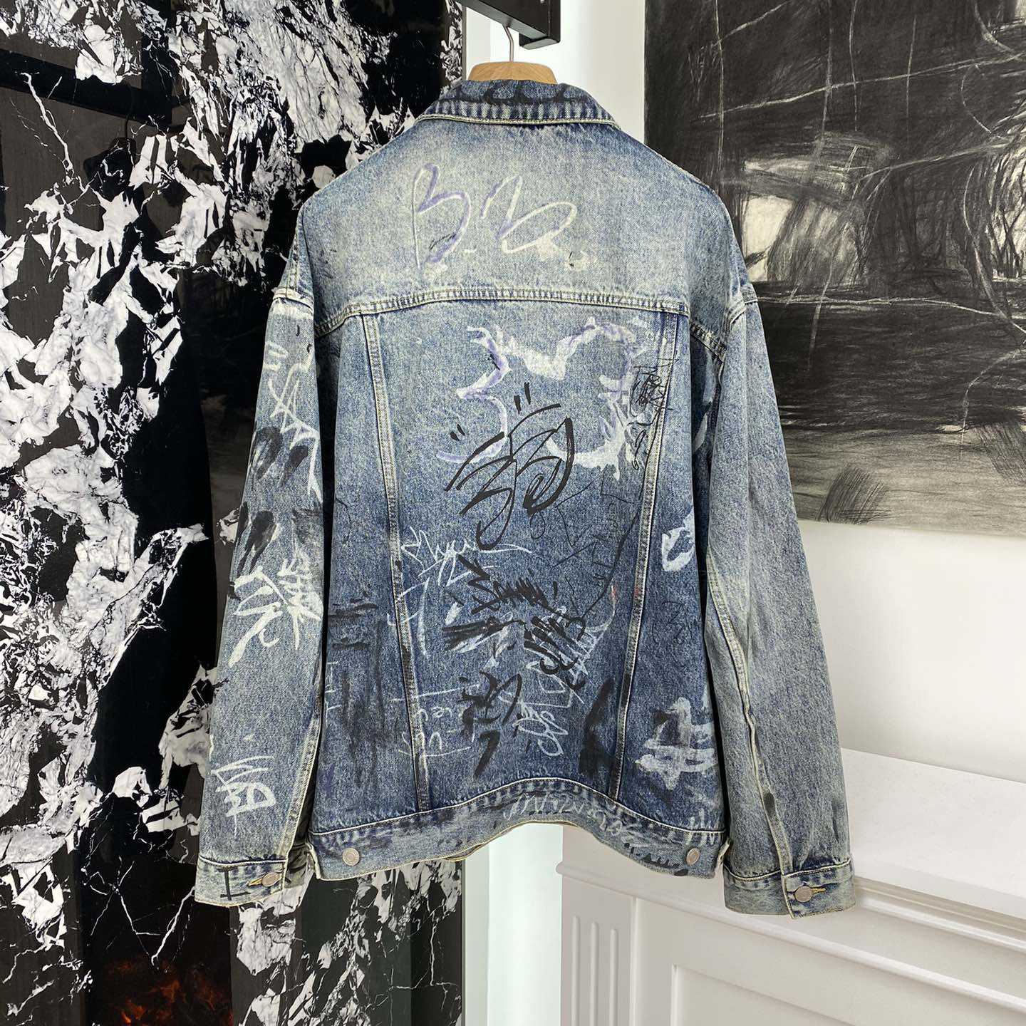 Balenciaga Blue Graffiti Denim Jacket Coat - DopestKickz