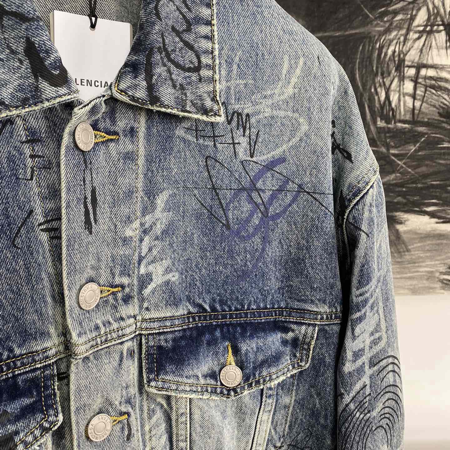 Balenciaga Blue Graffiti Denim Jacket Coat - DopestKickz