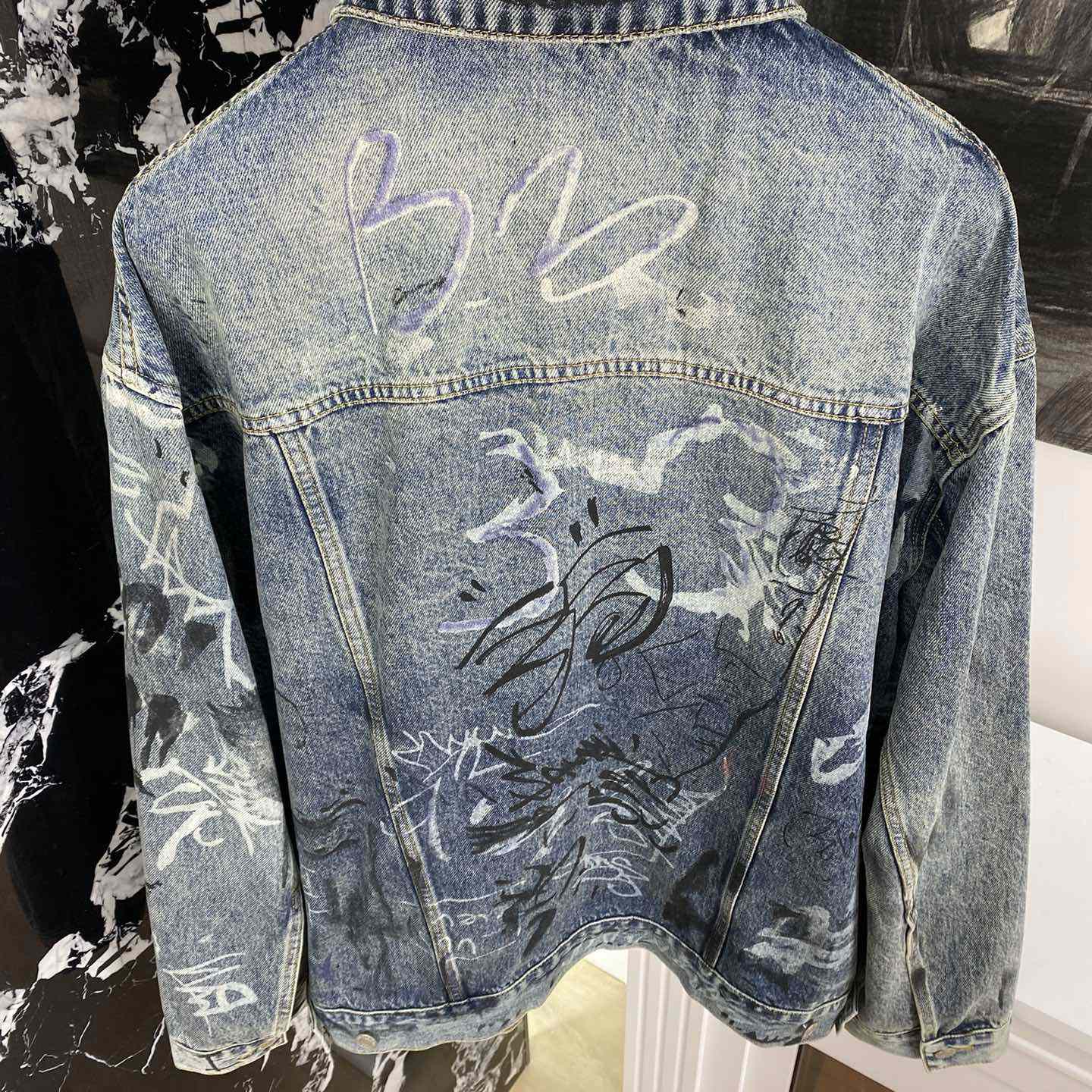 Balenciaga Blue Graffiti Denim Jacket Coat - DopestKickz