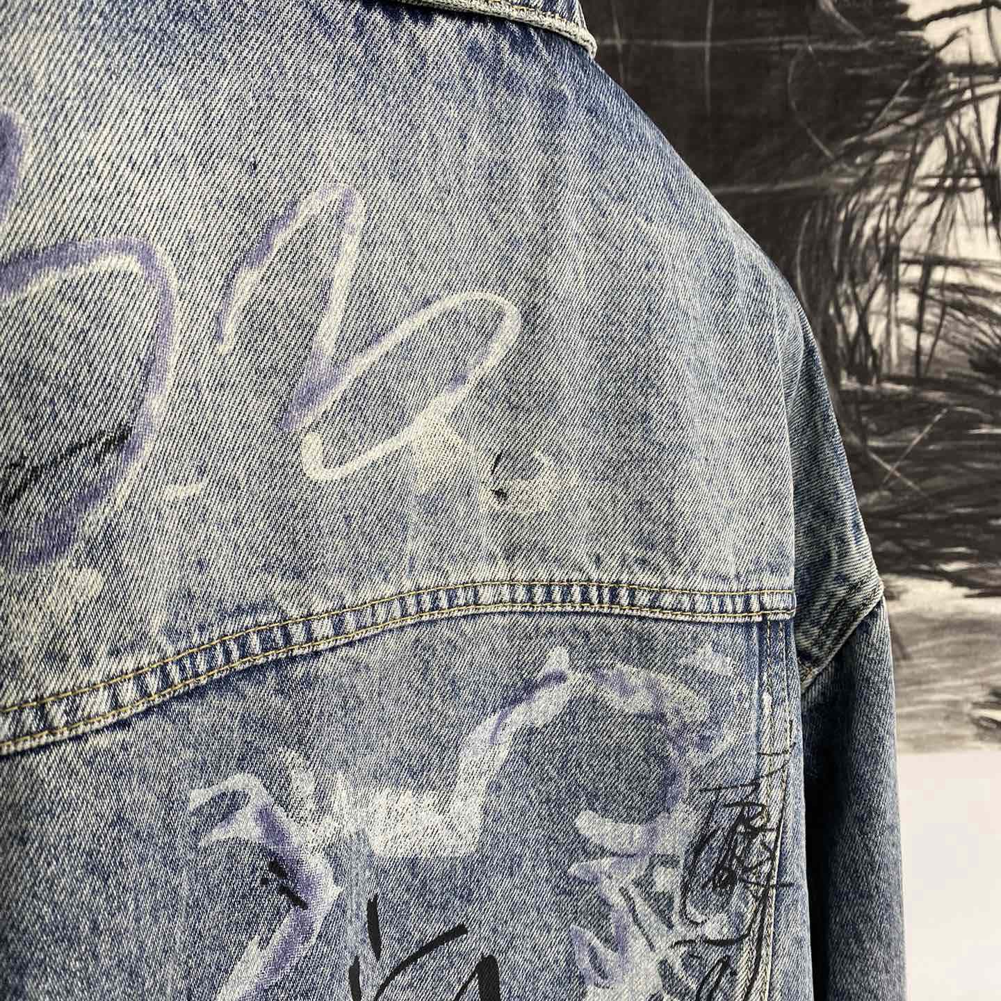 Balenciaga Blue Graffiti Denim Jacket Coat - DopestKickz