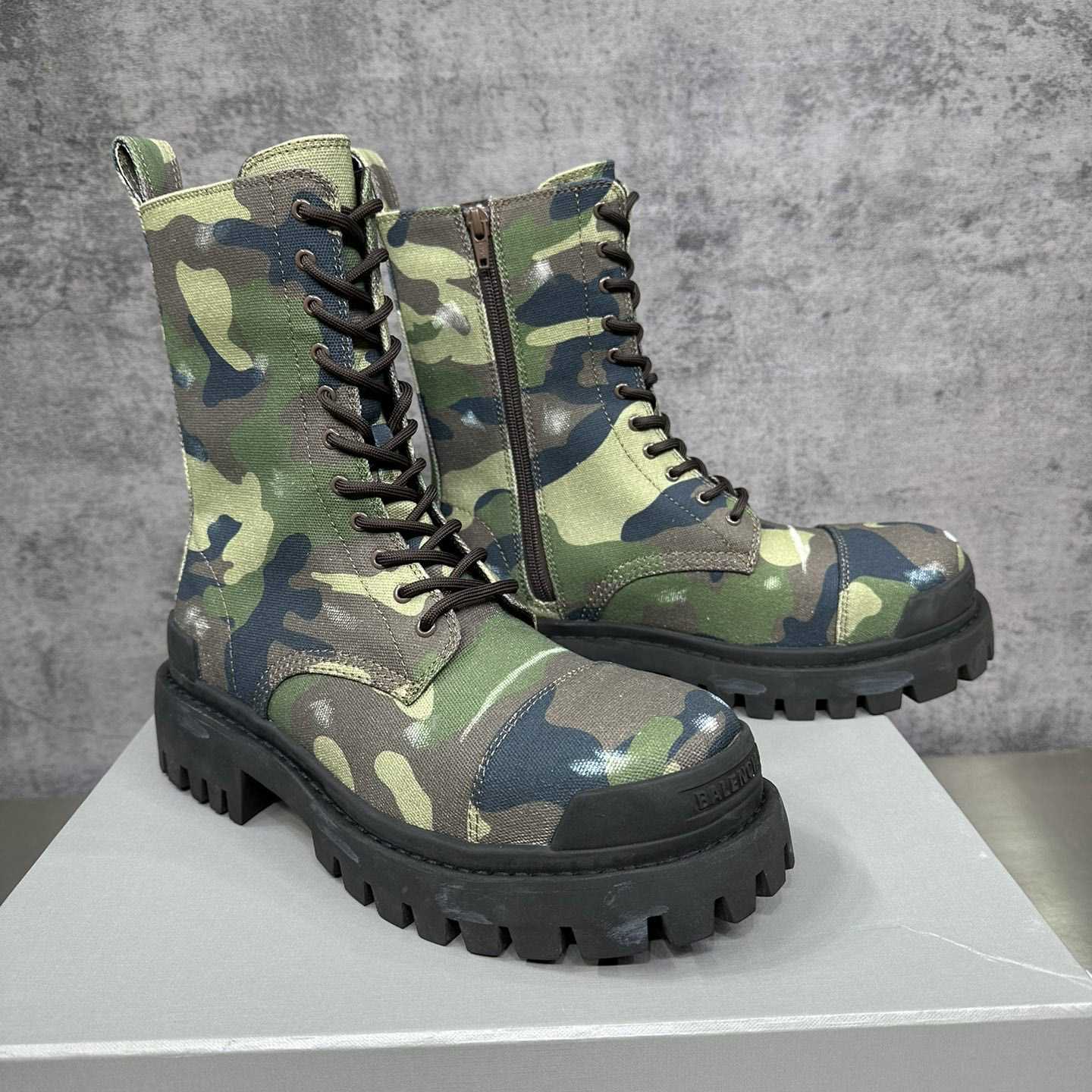 Balenciaga Strike 20mm Boot In Dark Green Camo Print On Canvas - DopestKickz
