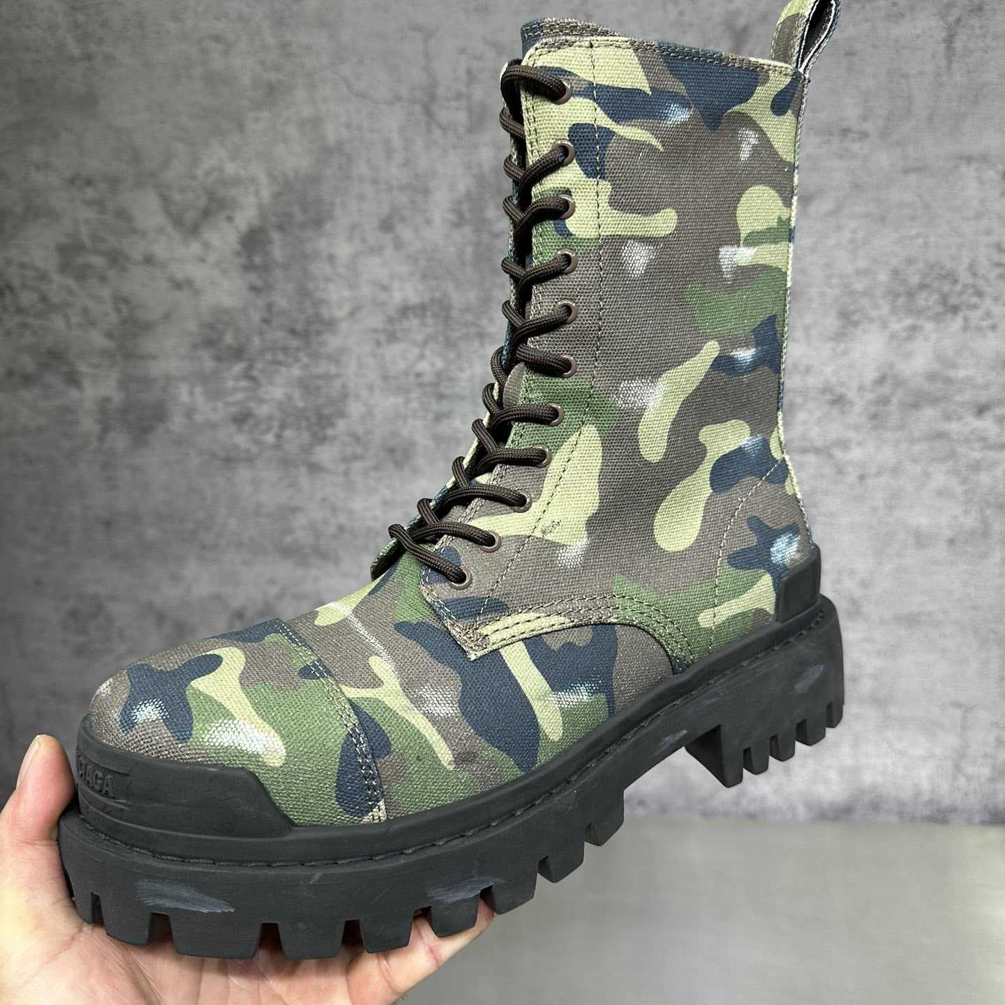 Balenciaga Strike 20mm Boot In Dark Green Camo Print On Canvas - DopestKickz