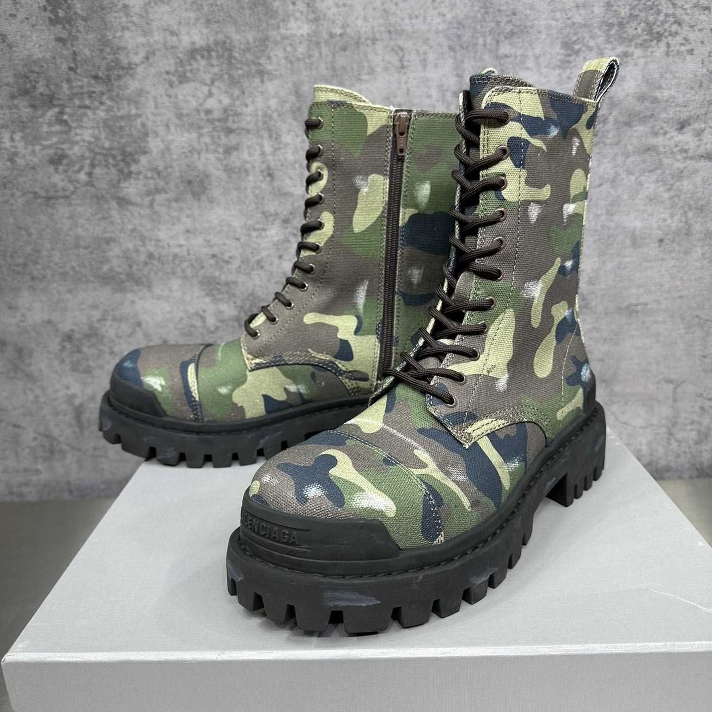 Balenciaga Strike 20mm Boot In Dark Green Camo Print On Canvas - DopestKickz