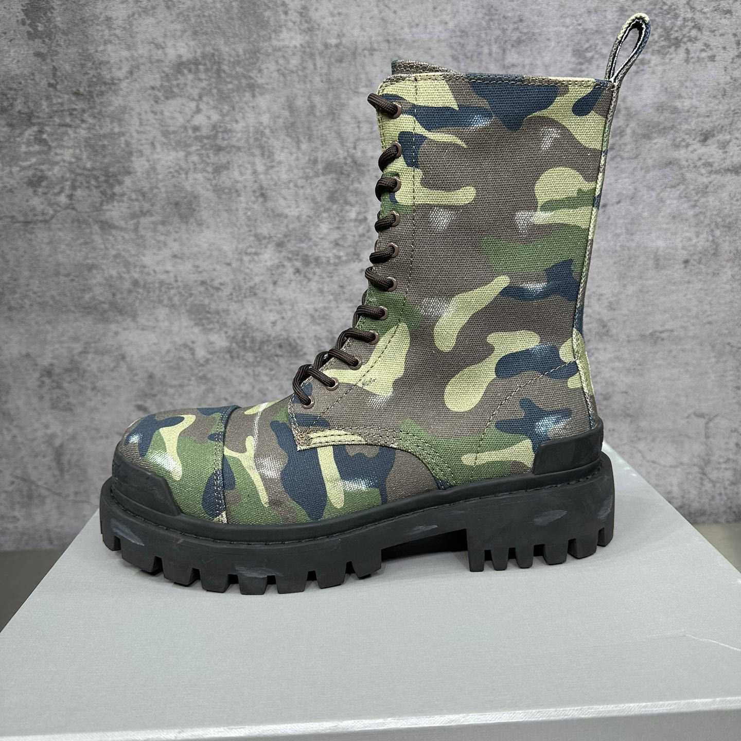 Balenciaga Strike 20mm Boot In Dark Green Camo Print On Canvas - DopestKickz