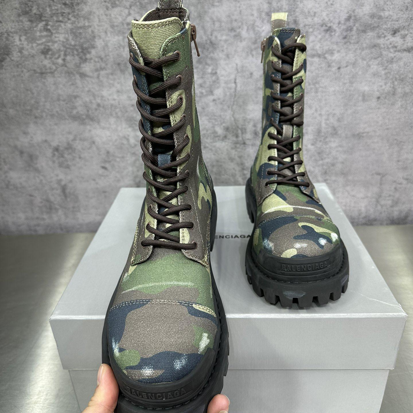 Balenciaga Strike 20mm Boot In Dark Green Camo Print On Canvas - DopestKickz