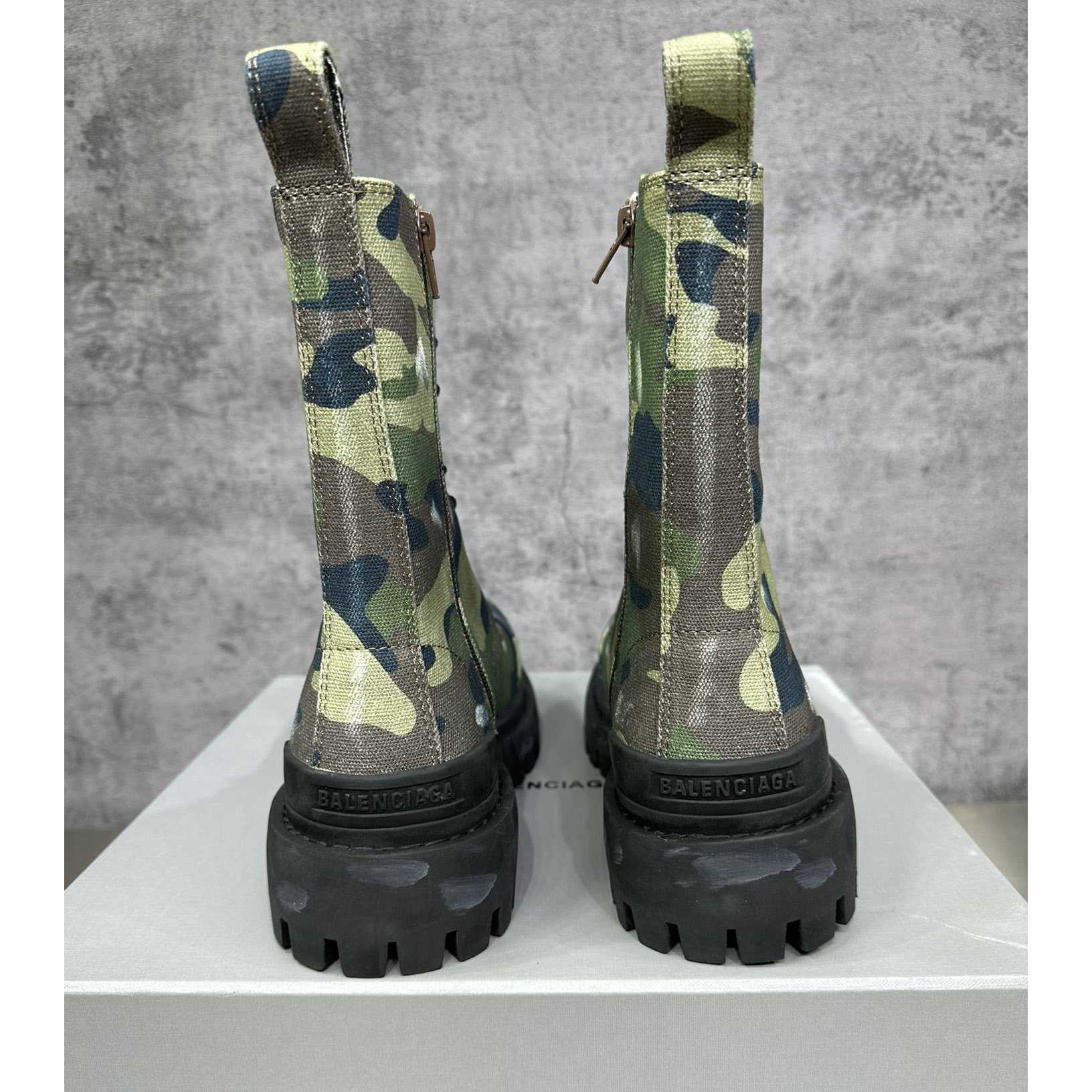 Balenciaga Strike 20mm Boot In Dark Green Camo Print On Canvas - DopestKickz
