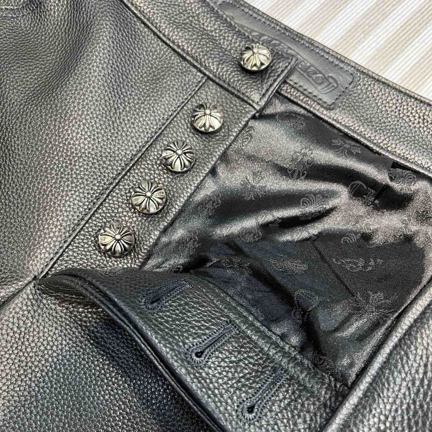 Chrome Heart Cross Patch Leather Pants - DopestKickz