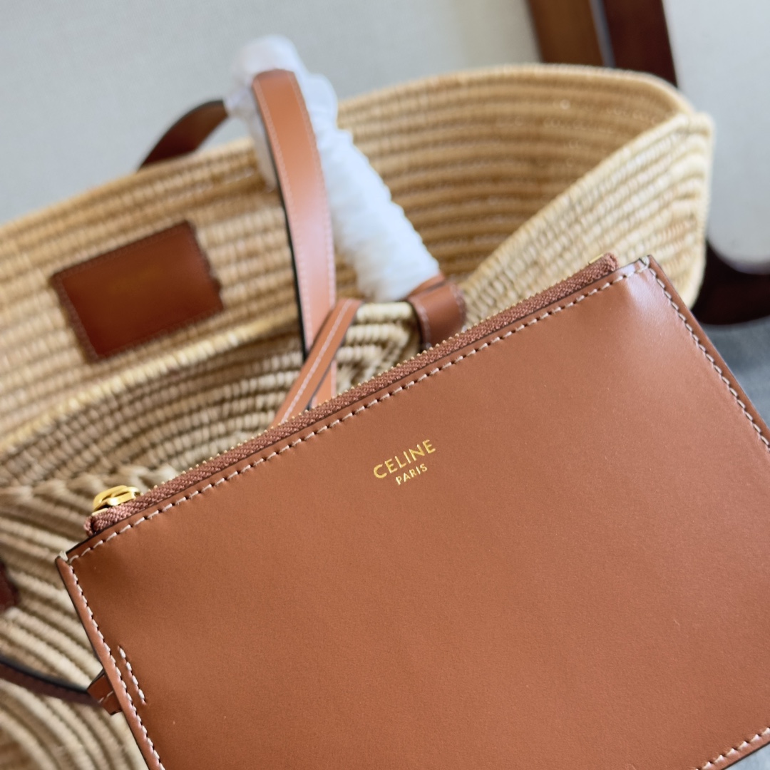 Celine Classic Panier Medium Braided Triomphe In Raffia And Calfskin - DopestKickz