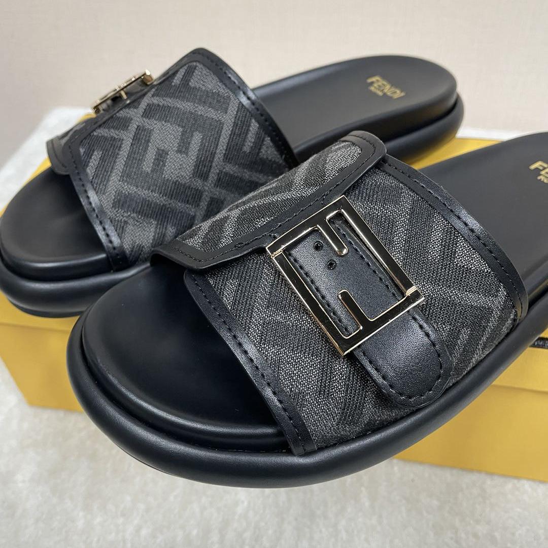 Fendi Feel Black Fabric Slides - DopestKickz