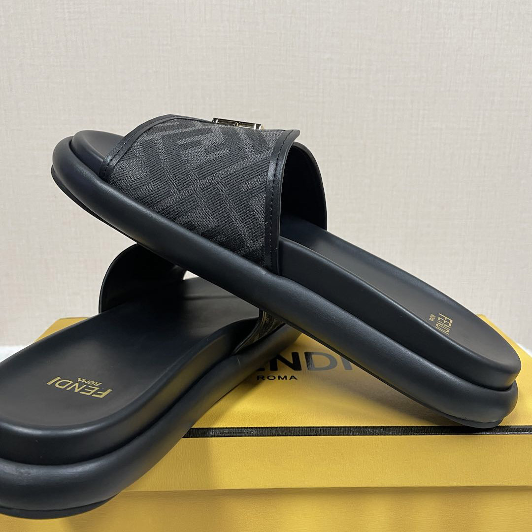 Fendi Feel Black Fabric Slides - DopestKickz
