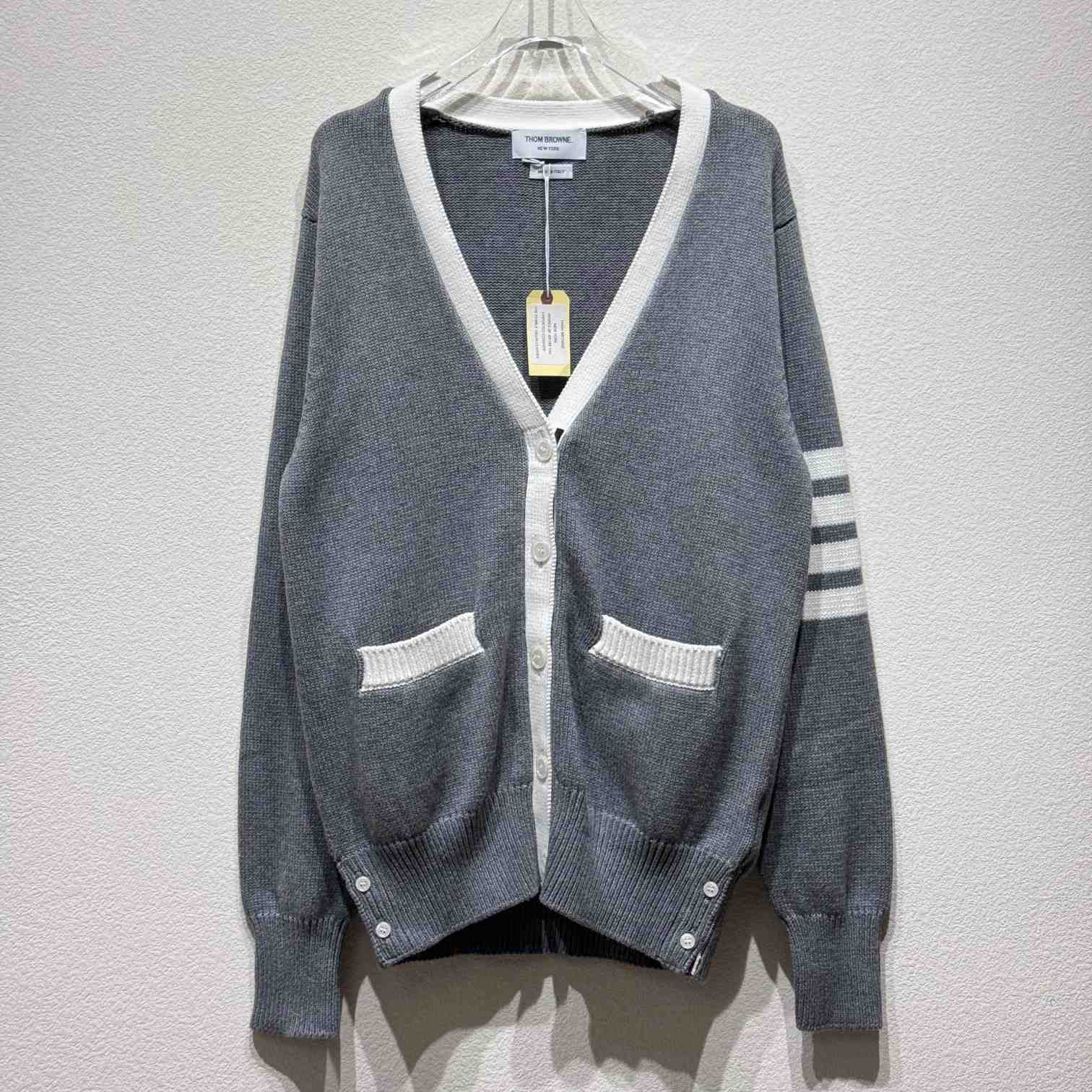 Thom Browne Cotton Hector Pointelle 4-bar V-neck Cardigan - DopestKickz
