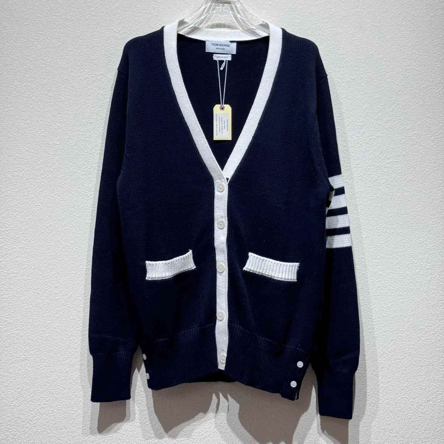 Thom Browne Cotton Hector Pointelle 4-bar V-neck Cardigan - DopestKickz