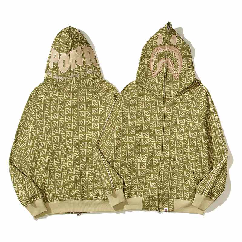 Bape Logo Monogram Velour Shark Full Zip Hoodie - DopestKickz