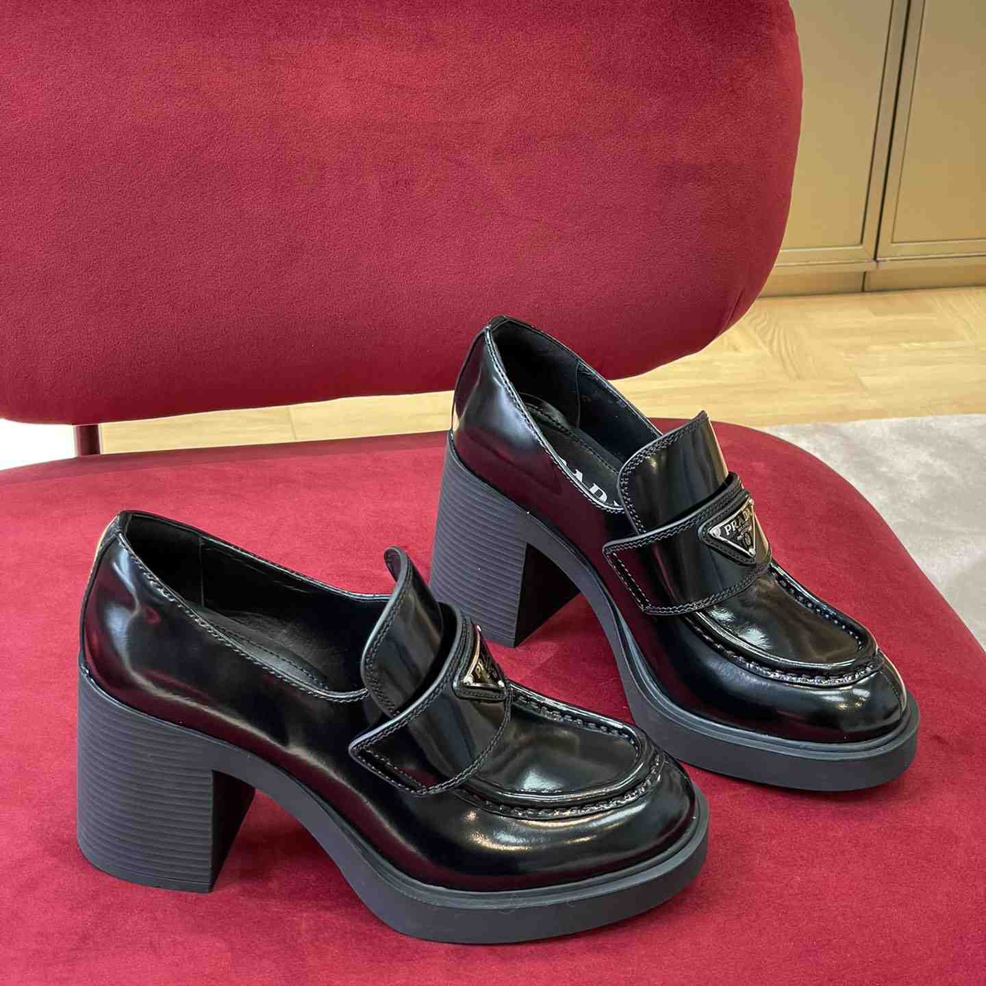 Prada Chocolate High-Heeled Brushed Leather Loafers   - DopestKickz