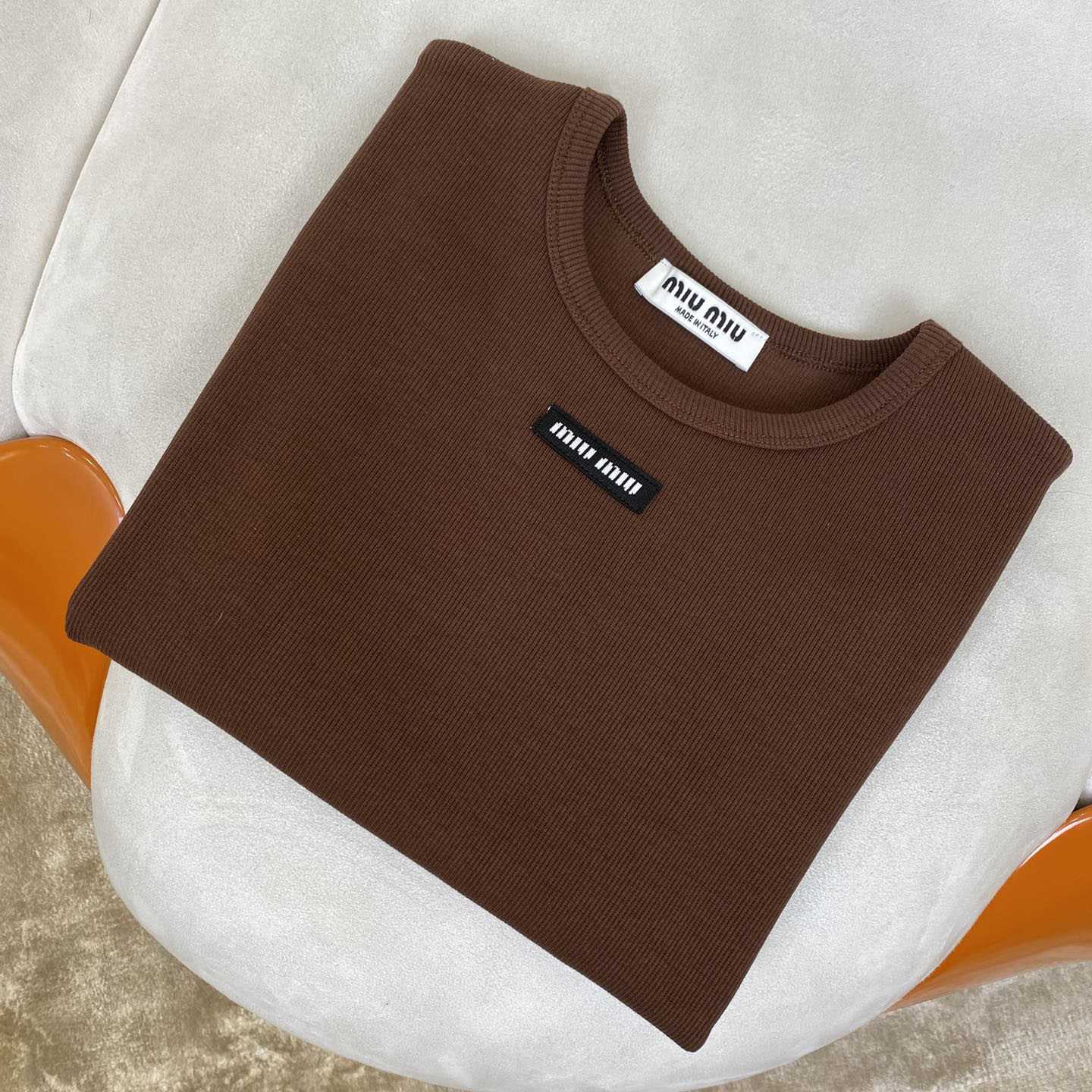 Miu Miu Brown Ribbed Cropped T-Shirt - DopestKickz